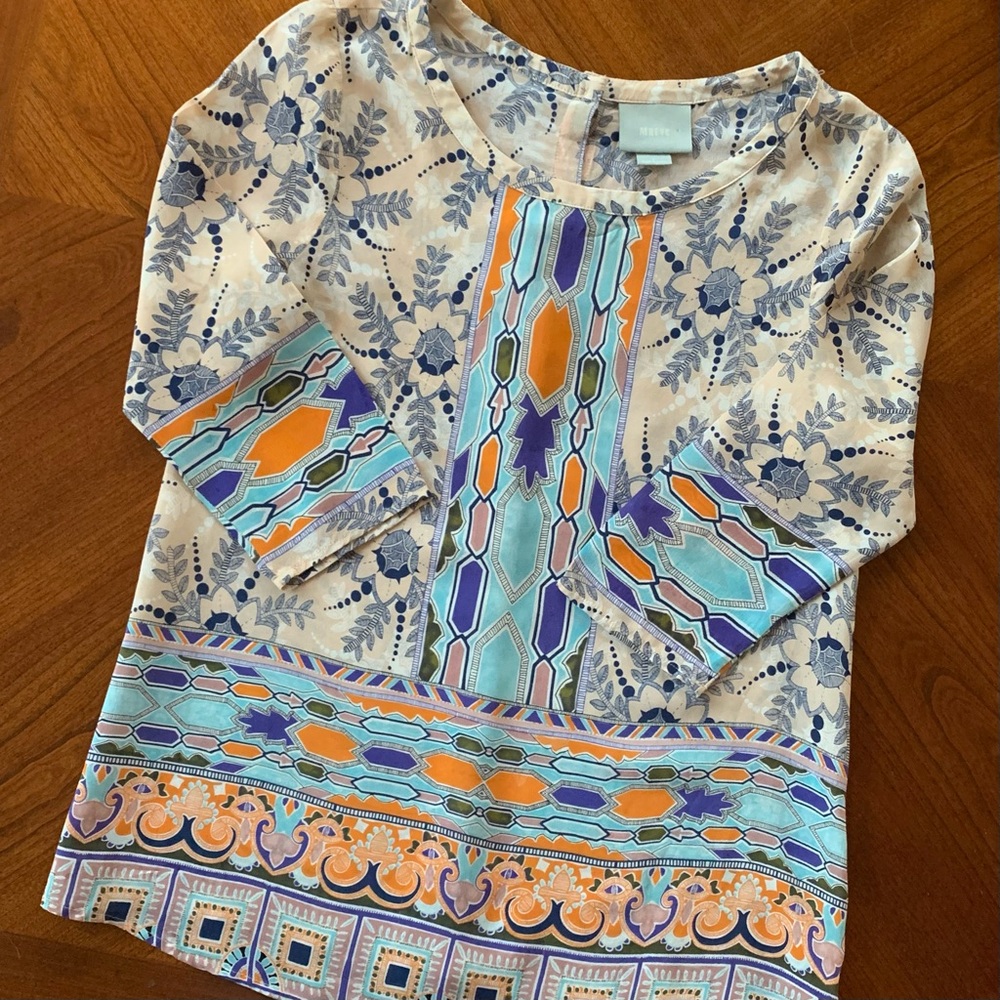 Anthropologie By Maeve Sidney 100% Silk Blouse Button Back Top Tunic Boho Size 2